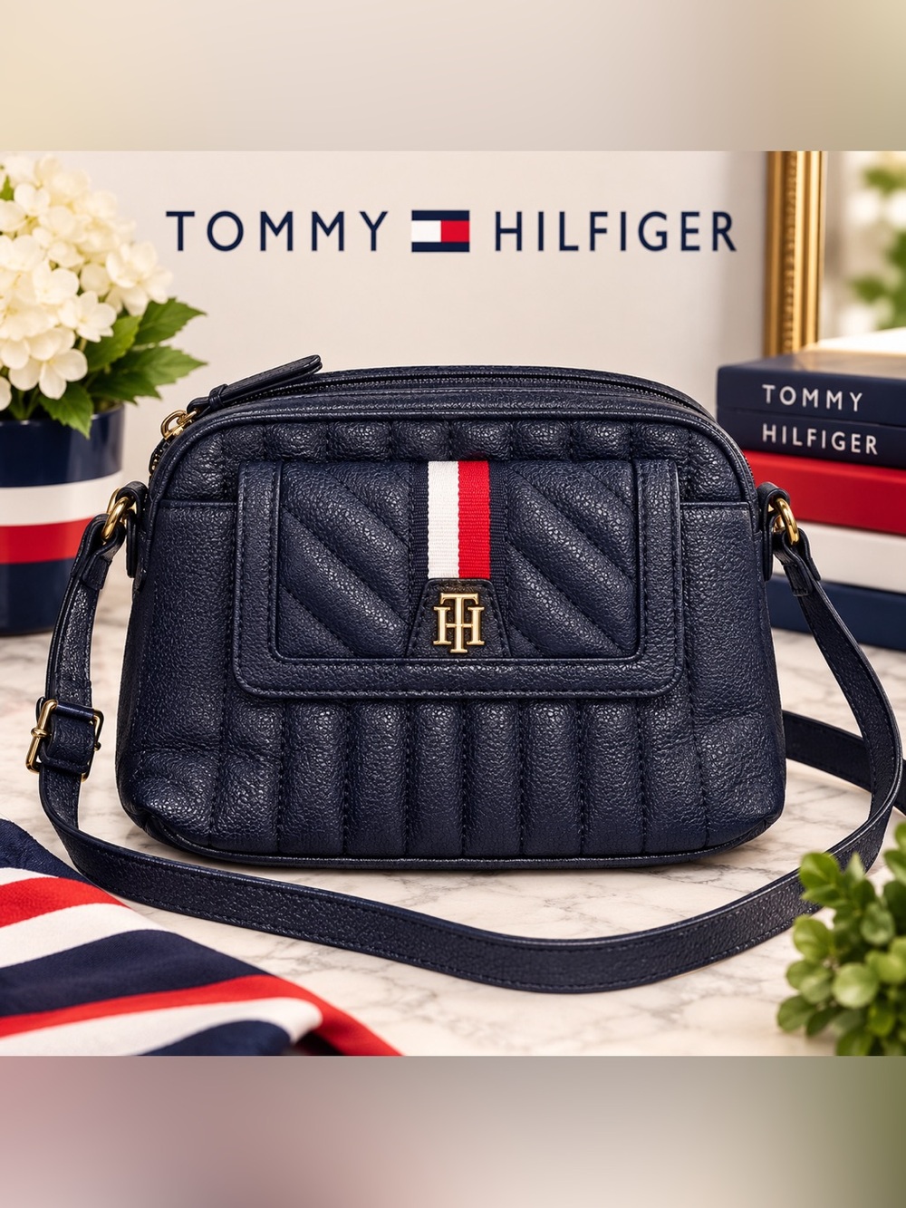 Tommy Hilfiger Navy Quilted Crossbody Bag Red White Blue Gold TH